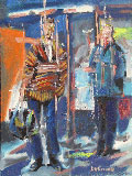 Linie 718, Mann und Frau an einer Bushaltestelle, gemalt mit Ölfarben
